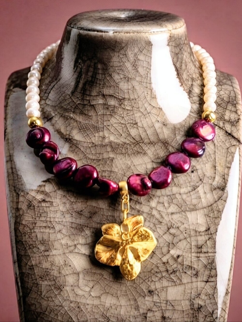 Genuine Wine Red Freshwater Coin Pearls & White Akoya Necklace W/ Orchid Pendant